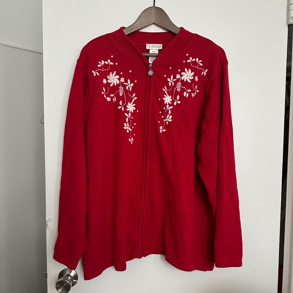 Vintage Floral Embroidered Red Zip Cardigan - Picture 1 of 5